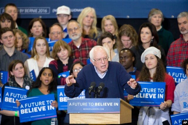 Democratic presidential candidate Senator Bernie Sanders speaks during a campaign stop at Great Bay Community College in Portsmouth, New Hampshire, Feb. 7, 2016.