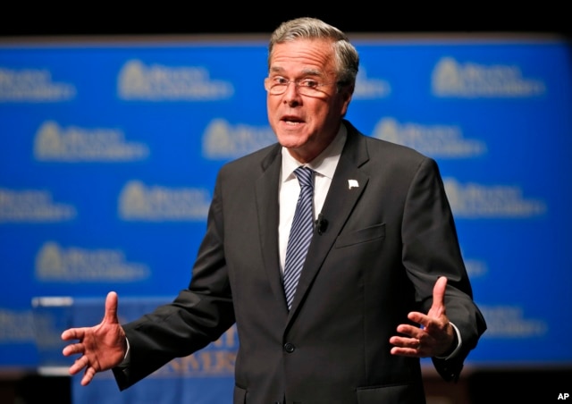 FILE - Republican presidential candidate Jeb Bush speaks during a Presidential candidate forum at Regent University in Virginia Beach, Va, Oct, 23, 2015.