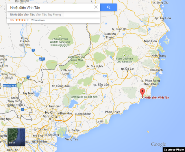 Vị trí của Trung tâm Nhiệt điện Vĩnh Tân trên bản đồ Google Map