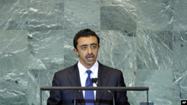 Sheikh Abdullah Bin Zayed al-Nahyan, Minister for Foreign Affairs of the UAE, addresses the general debate of the 66th session of the General Assembly, at UN headquarters in New York, Sept. 26, 2011.