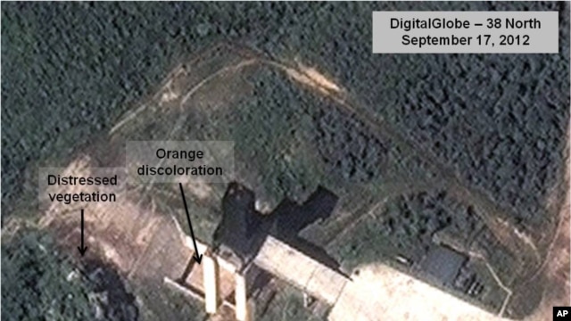 A satellite image shows a North Korean facility where analysts believe rocket engines for the country's missile program are tested (file photo).