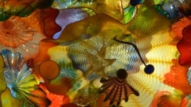 Chihuly has been creating Persian Ceilings since 1992, but each is unique. In this detail, you can see a starfish, one of many hidden objects among the 1000 pieces of glass. (VOA/S. Logue)
