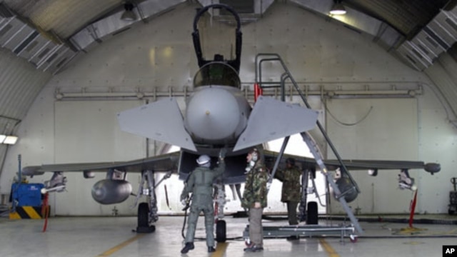 An Italian pilot and ground crew check a Eurofighter EF-2000 Typhoon at the Gioia del Colle NATO Airbase in Italy, March 21, 2011. Arab nations do not want military intervention under way in Libya to be placed under NATO control, said French Foreign Minis