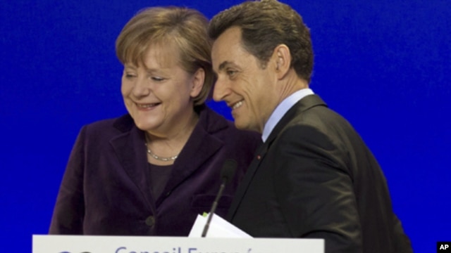 German Chancellor Angela Merkel and French President Nicolas Sarkozy in a joint news conference in Brussels, February 04, 2011