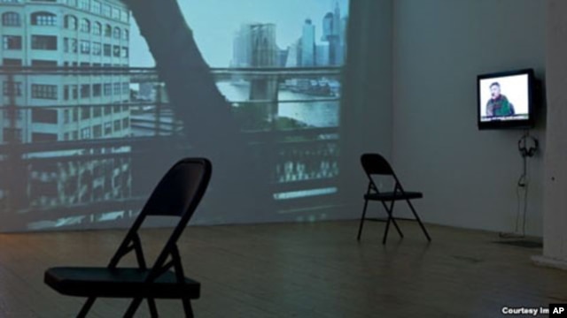 A video installation in the Winkleman Gallery "Brooklyn Bridge" exhibition by Gulnara Kasmalieva and Muratbek Djumaliev in New York City