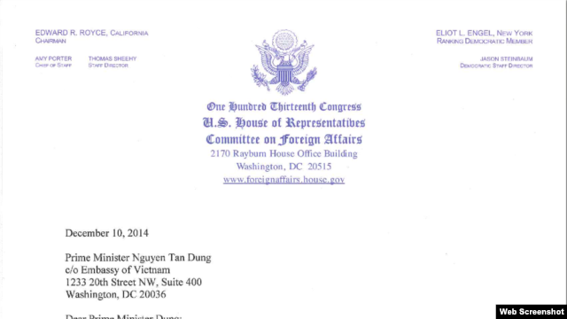 Bức thư của dân biểu Hạ viện Mỹ Ed Royce vừa gửi  cho Thủ tướng Việt Nam yêu cầu phóng thích blogger Nguyễn Hữu Vinh, tức Anh Ba Sàm, và người trợ lý của ông là bà Nguyễn Thị Minh Thúy.