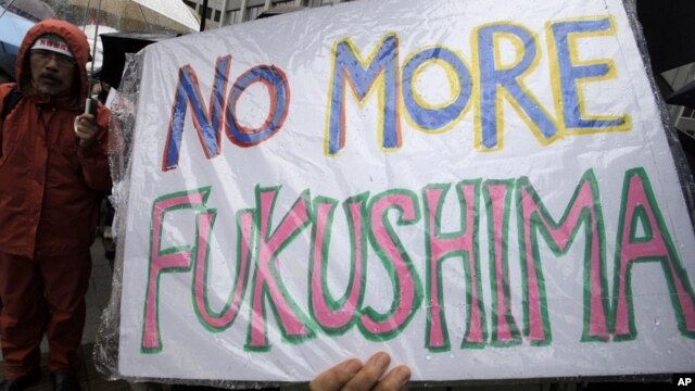 A demonstrator holds a "No more Fukushima" sign during a rally, protesting against restarting the Ohi nuclear power plant's reactors in front of the prime minister's official residence in Tokyo, Saturday, June 16, 2012.