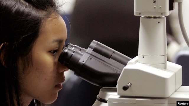 A Thai scientist looks through a florescent microscope to identify influenza virus cells at the World Health Organization Influenza Center in Bangkok, October 21, 2005.