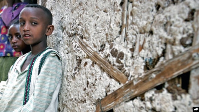 Ethiopian orphans Endashew (R) and his sister Yeshiwork, who lost both their parents to HIV/AIDS, sit outside their family house near the capital Addis Ababa, June 2005. (file photo)