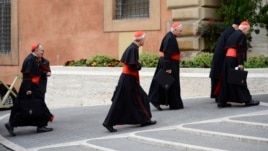U.S. Cardinals (L-R) Daniel  Di Nardo, Donald Wuerl, William Levada, and Francis George arrive for a meeting in the Synod Hall at the Vatican, Mar. 8, 2013.