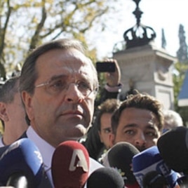 Antonis Samaras addresses the media after meeting Greek president Karolos Papoulias, at the Presidential Palace in Athens, November 6 2011.
