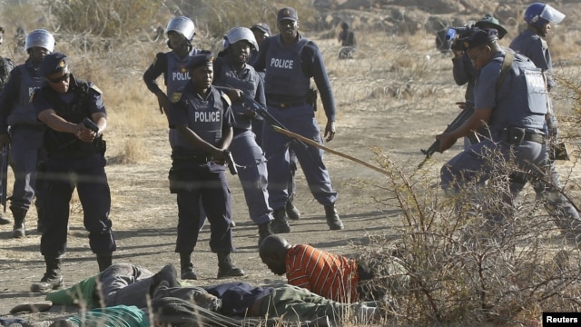 South African policemen give instructions to an injured miner after striking miners were shot outside a South African mine in Rustenburg, 100 km northwest of Johannesburg on August 16, 2012. 