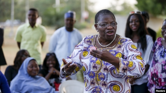 Dr. Oby Ezekwesili expresses support about the rescue of some women and girls from Sambisa forest while a Nigerian protest group continues their sit-in about the girls that are still missing from Chibok, in Abuja, Nigeria, April 29, 2015.