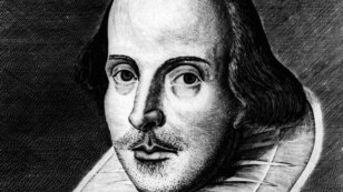 The famed Martin Droeshout engraving of William Shakespeare, printed on the cover of Shakespeare's first Folio, or first complete collection of his plays, printed in 1623. 