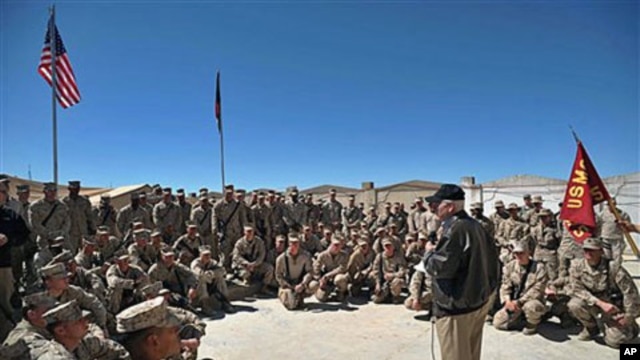 US Defense Secretary Robert Gates speaks to US Marines during his visit to the 3rd Battalion, 5th Marine Regiment at Forward Operating Base Sabit Qadam in Afghanistan's Helmand province, March 8, 2011