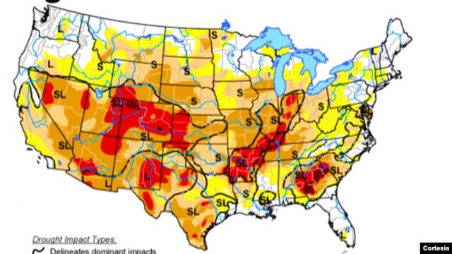 Las zonas más oscuras, sombreadas en marrón y rojo, experimentan una sequía extrema o excepcional (ilustración:US Drought Monitor).