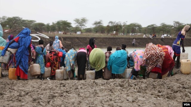 Women who recently crossed over from Sudan's Blue Nile state with little food or water fill jerry cans at a watering hole called km 18, June 20, 2012 (H. McNeish/VOA)