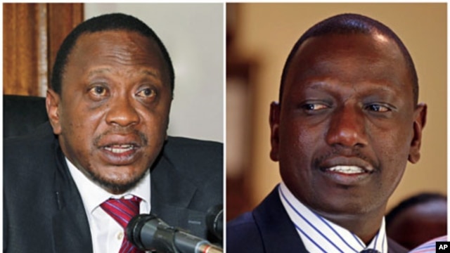 A combination photograph shows Kenya's finance minister Uhuru Kenyatta (L) in his office in the capital Nairobi in a December 15, 2010 file photo, and former Kenyan cabinet minister William Ruto standing inside his house after hearing the news from the In