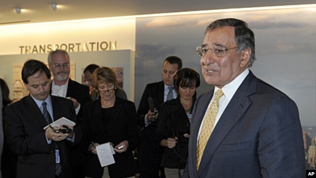 US Defense Secretary Leon Panetta speaks to reporters after touring the National September 11 Memorial & Museum in New York, September 6, 2011.
