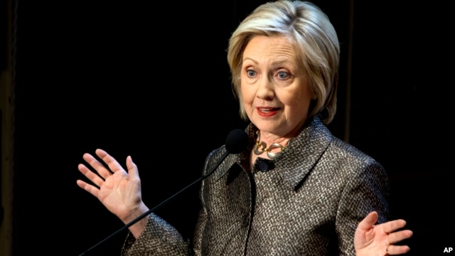 Democratic presidential candidate Hillary Clinton speaks before presenting The Hillary Rodham Clinton Awards for Advancing Women in Peace and Security, in the Riggs Library at Georgetown University in Washington, D.C., April 22, 2015.