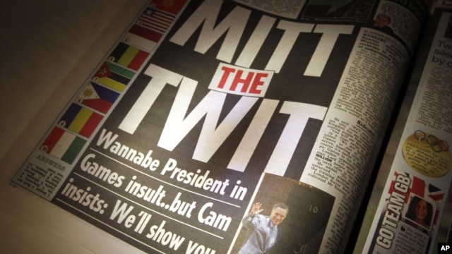 With the headline "Mitt the Twit", The Sun newspaper criticizes comments regarding the London Olympics made by Mitt Romney in London, July 27, 2012.