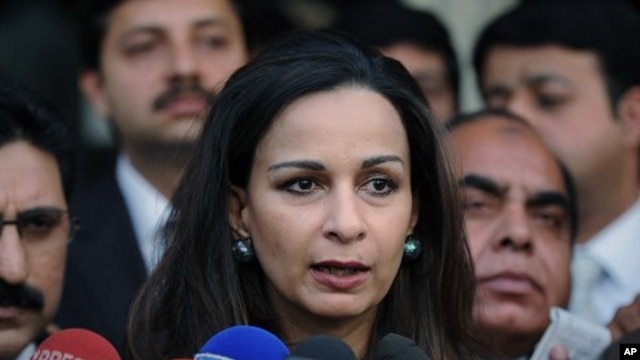 Pakistan's former Information Minister Sherry Rehman talks to reporters in Islamabad, Pakistan, November 23, 2011.