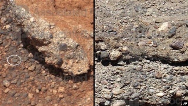La imagen de NASA muestra un afloramiento de rocas marcianas cerca del lugar de aterrizaje del rover Curiosity en un cráter cerca del ecuador de Marte. (AP Photo / NASA
