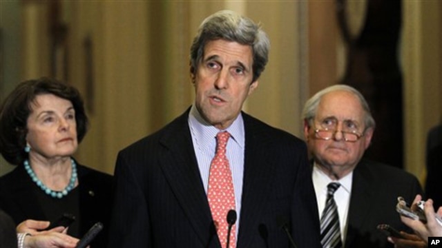 Sen. John Kerry, D-Mass., center, speaks as Sen. Dianne Feinstein, D-Calif., left, Sen. Carl Levin, D-Mich., listen after a closed Senate session in the Old Senate Chamber on Capitol Hill in Washington, Monday, Dec. 20, 2010.