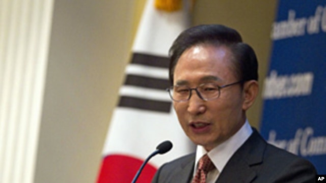South Korean President Lee Myung-bak speaks during a lunch hosted in Washington by the U.S. Chamber of Commerce,  Oct. 12, 2011