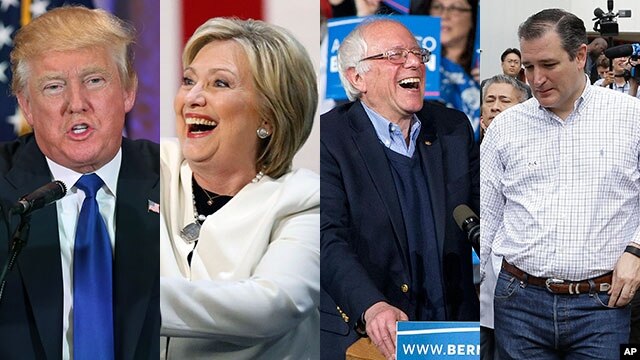 Các ứng viên tổng thống Mỹ (từ trái): Donald Trump, Hillary Clinton, Bernie Sanders, và Ted Cruz.