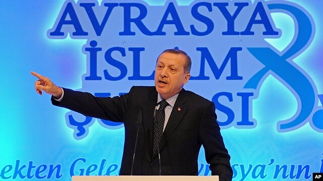 Turkish Prime Minister Recep Tayyip Erdogan addresses a meeting of Muslim religious leaders from Europe and Asia, in Istanbul, Turkey, Nov. 19. 2012.