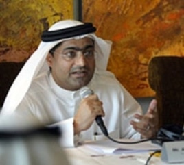 Emirati blogger and human rights activist Ahmed Mansour speaks during a press conference in Dubai, UAE, January 26, 2011