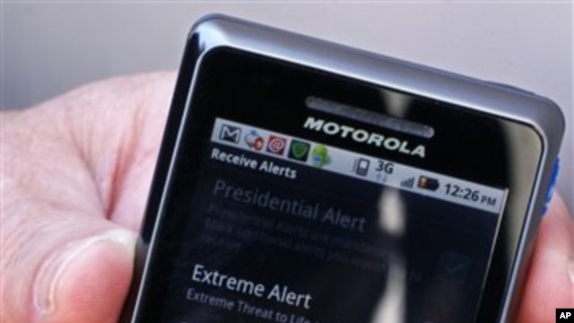 A cell phone enabled to receive emergency notifications, is shown May 10, 2011 in New York.