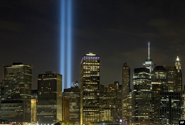 The Tribute in Light rises above the lower Manhattan skyline, Saturday, Sept. 10, 2016, in New York to mark the fifteenth anniversary of the terrorist attacks of Sept. 11, 2001 on the United States.