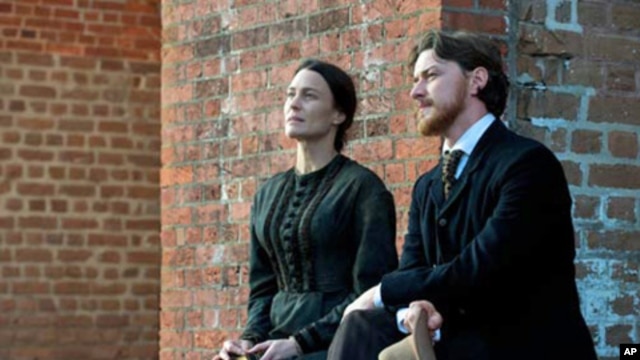 Robin Wright portrays Mary Surratt and James McAvoy takes on the role of attorney Frederick Aiken in 'The Conspirator.'