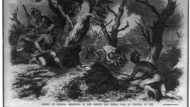 An 1855 engraving called 'Defeat of General Braddock, in the French and Indian War, in Virginia in 1755' by John Andrew