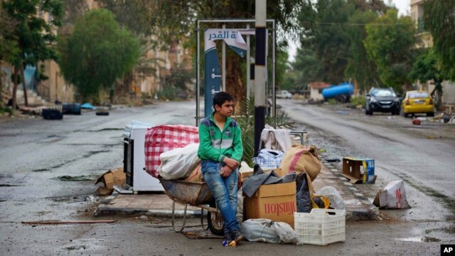 Một cậu bé Syria ngồi chờ người thân trong gia đình tải đồ đạc lên xe để rời khỏi thành phố Palmyra trong thành phố Homs, miền Trung, Syria, ngày 14/4/2016.