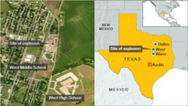 Wilayah kota kecil West di Texas, lokasi terjadinya ledakan pabrik pupuk, Rabu malam (17/4). (Foto: peta wilayah West, Texas).