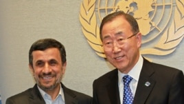 Secretary General of the U.N. Ban Ki-moon (r) meets with President of Iran Mahmoud Ahmadinejad at United Nations Headquarters, Sept. 23,  2012.