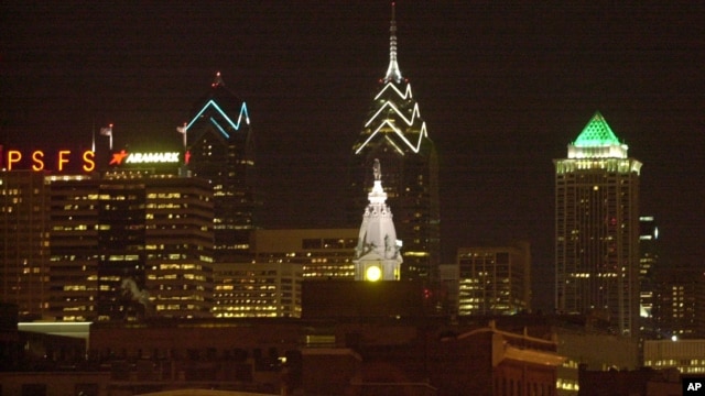 This picture of the Philadelphia Skyline shows some of the building tops lit up in green in a show of support for the Philadelphia Eagles 