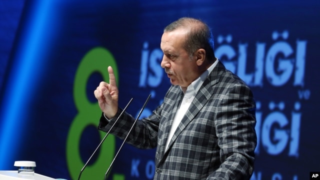 Turkey's President Recep Tayyip Erdogan speaks during a meeting in Istanbul, Turkey, May 8, 2016. Long known to be sensitive to humor when he is the target, Erdogan challenged numerous satirists and comedians on the limits of free speech.