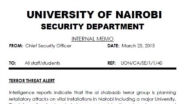 Copy of the terror warning issued to students at University of Nairobi last week. (Click to enlarge)