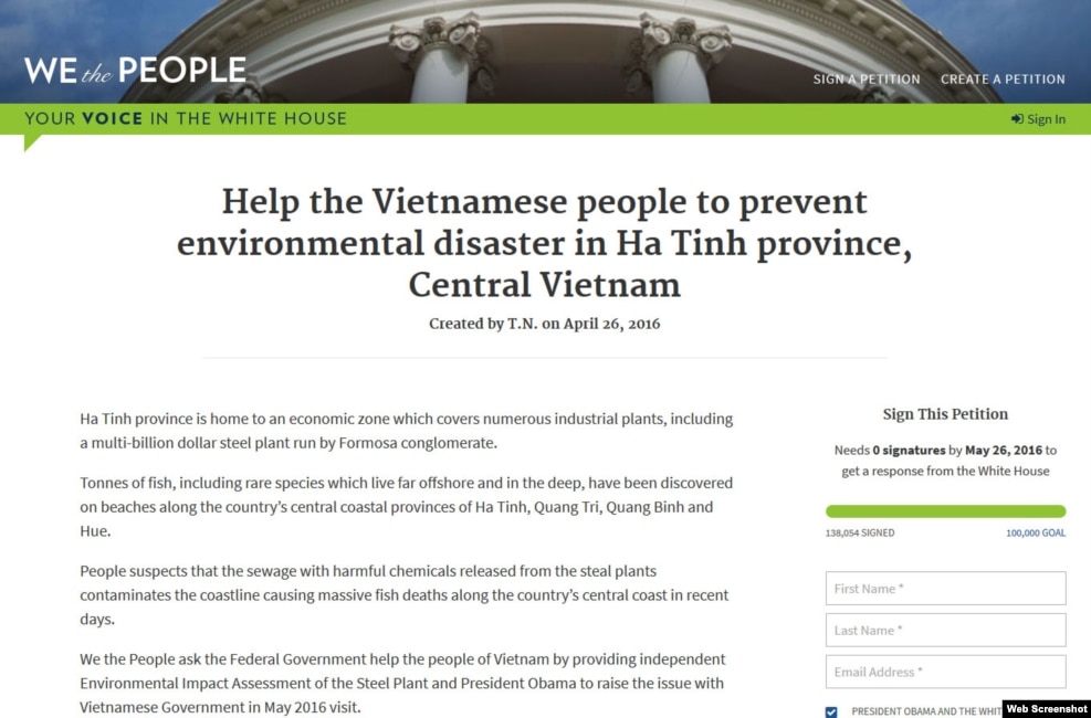 Thỉnh nguyện thư trên trang web "We the People" của nhà trắng, kêu gọi chính phủ Mỹ giúp điều tra vụ cá chết làm điêu đứng người dân ở miền Trung Việt Nam.