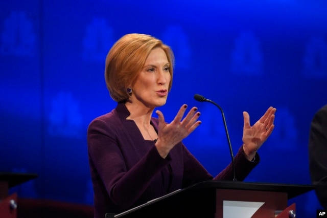 Carly Fiorina speaks during the CNBC Republican presidential debate at the University of Colorado, Oct. 28, 2015, in Boulder, Colo.