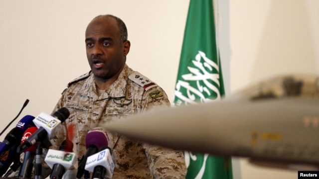 FILE - The official spokesman for the Saudi Ministry of Defense, General Ahmed Hassan al-Assiri, speaks during a news conference in Riyadh, March 26, 2015. 