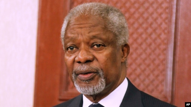 FILE - Former U.N. Secretary-General Kofi Annan gestures during a press conference in Nairobi, Kenya, October 11, 2012. 