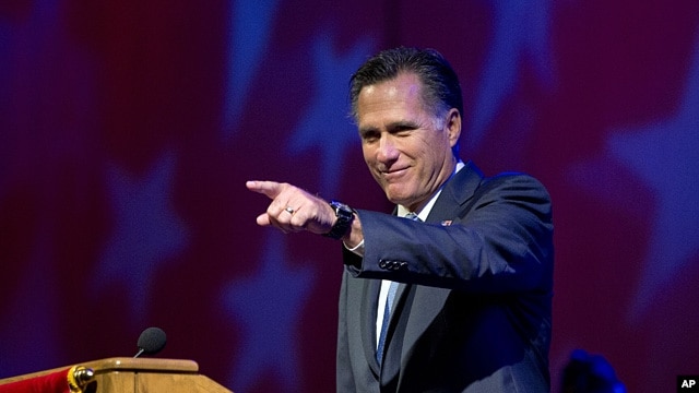 Republican presidential candidate Mitt Romney speaks at the American Legion National Convention, Aug. 29, 2012, in Indianapolis.  