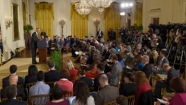 President Barack Obama makes opening remarks during news conference in the East Room of the White House, Washington, July 15, 2015.