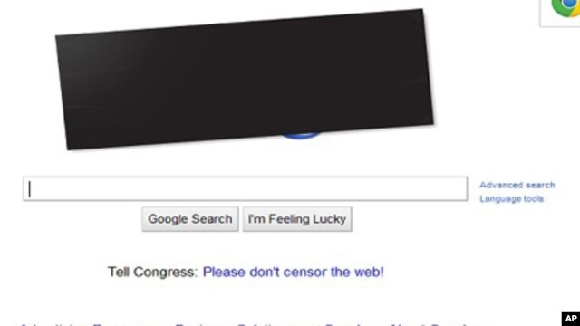 Google posts black bar over it's colorful logo in protest of anti-piracy laws under consideration in U.S. Congress, January 18, 2011
