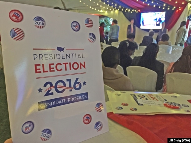 Guests attend an election results watch breakfast at the home of U.S. Ambassador Robert Godec in Nairobi, Kenya, Nov. 9, 2016.
